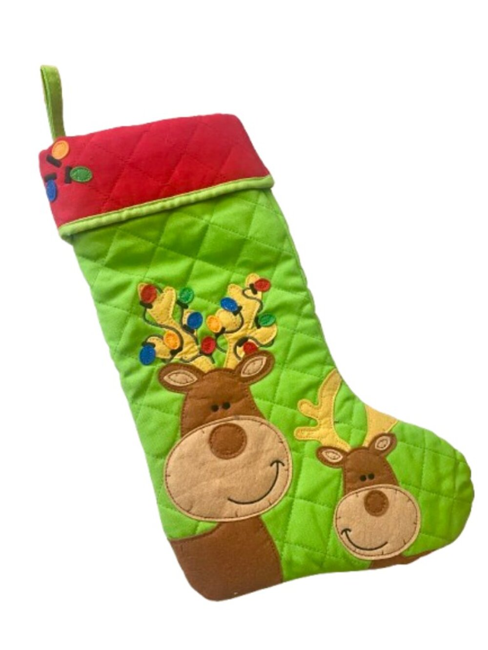 Stephen Joseph Quilted Christmas Stocking Bright Green and Red Reindeer